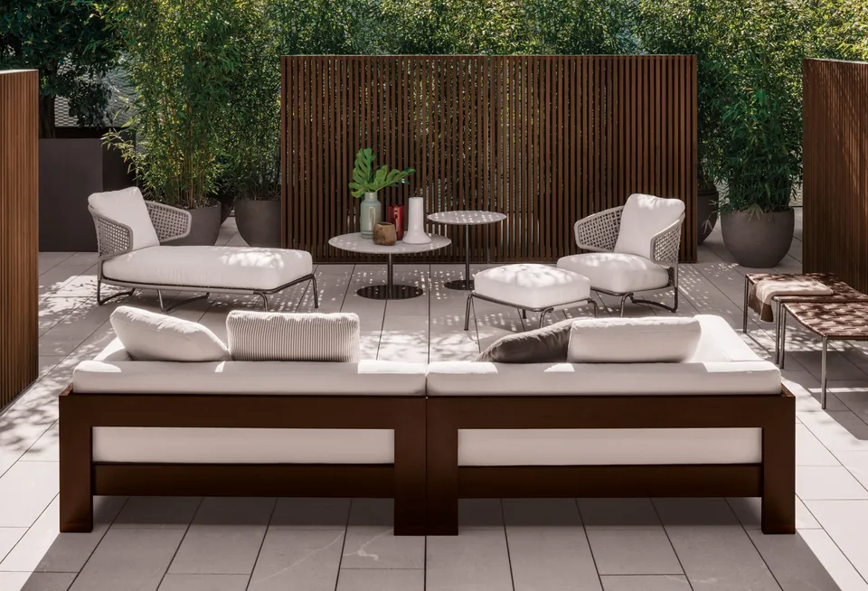 Minotti Alison sofa with iroko frame, catalog photograph