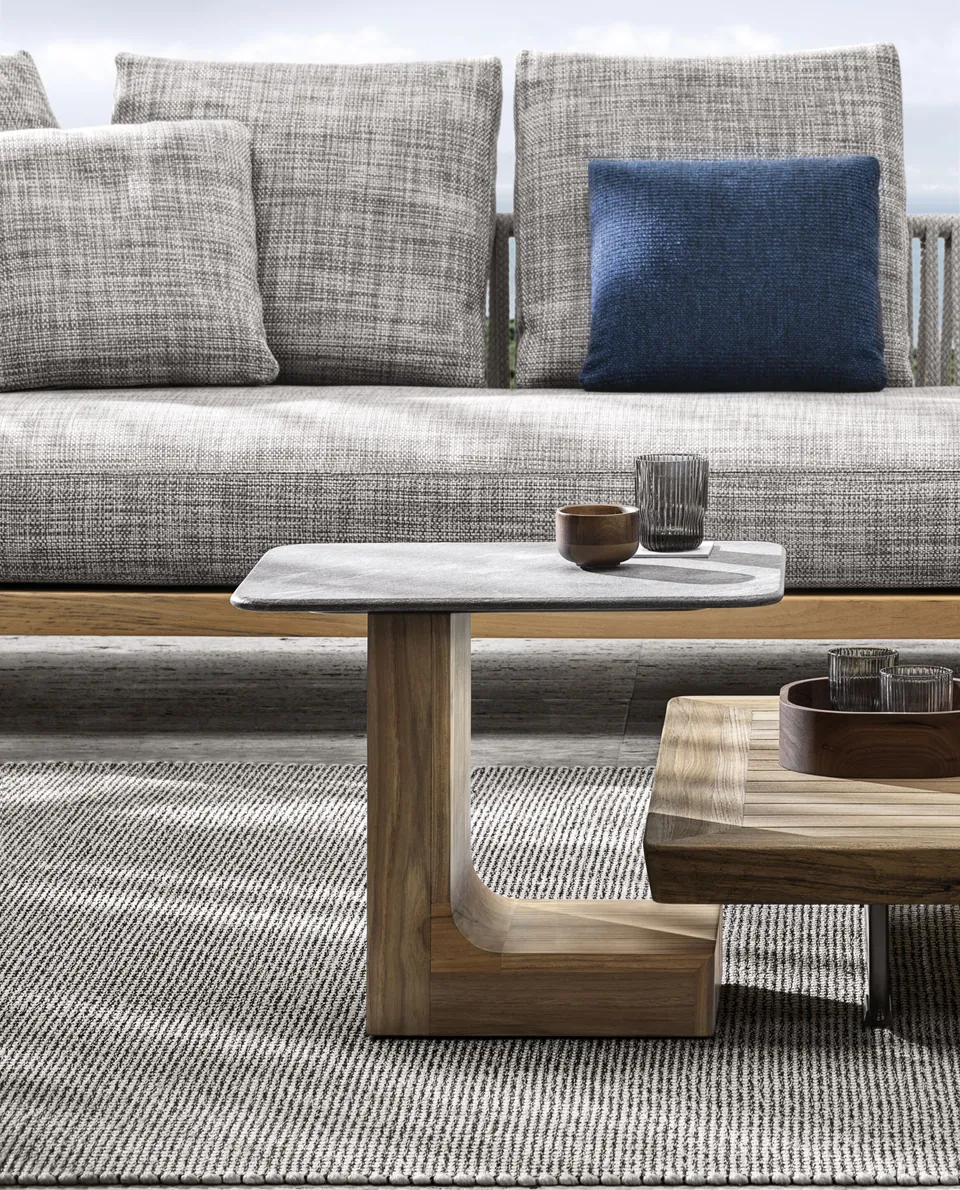 Minotti Block coffee table with solid teak base, catalog photograph