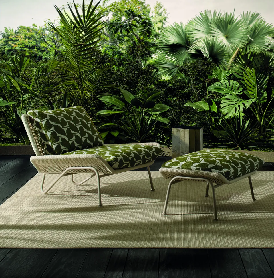 Minotti Emmi Cord armchair with footstool, catalog photograph