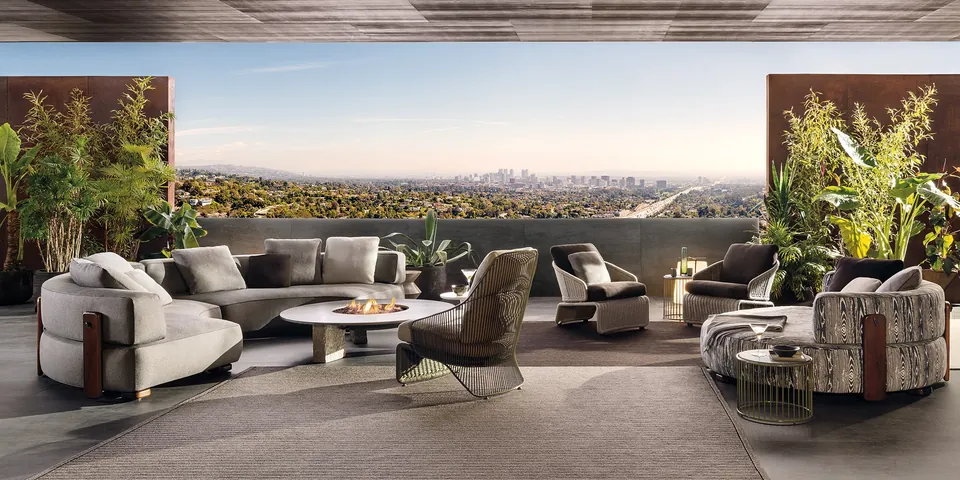 Minotti Florida teak sectional outdoor sofa on a garden terrace, Minotti outdoor furniture
