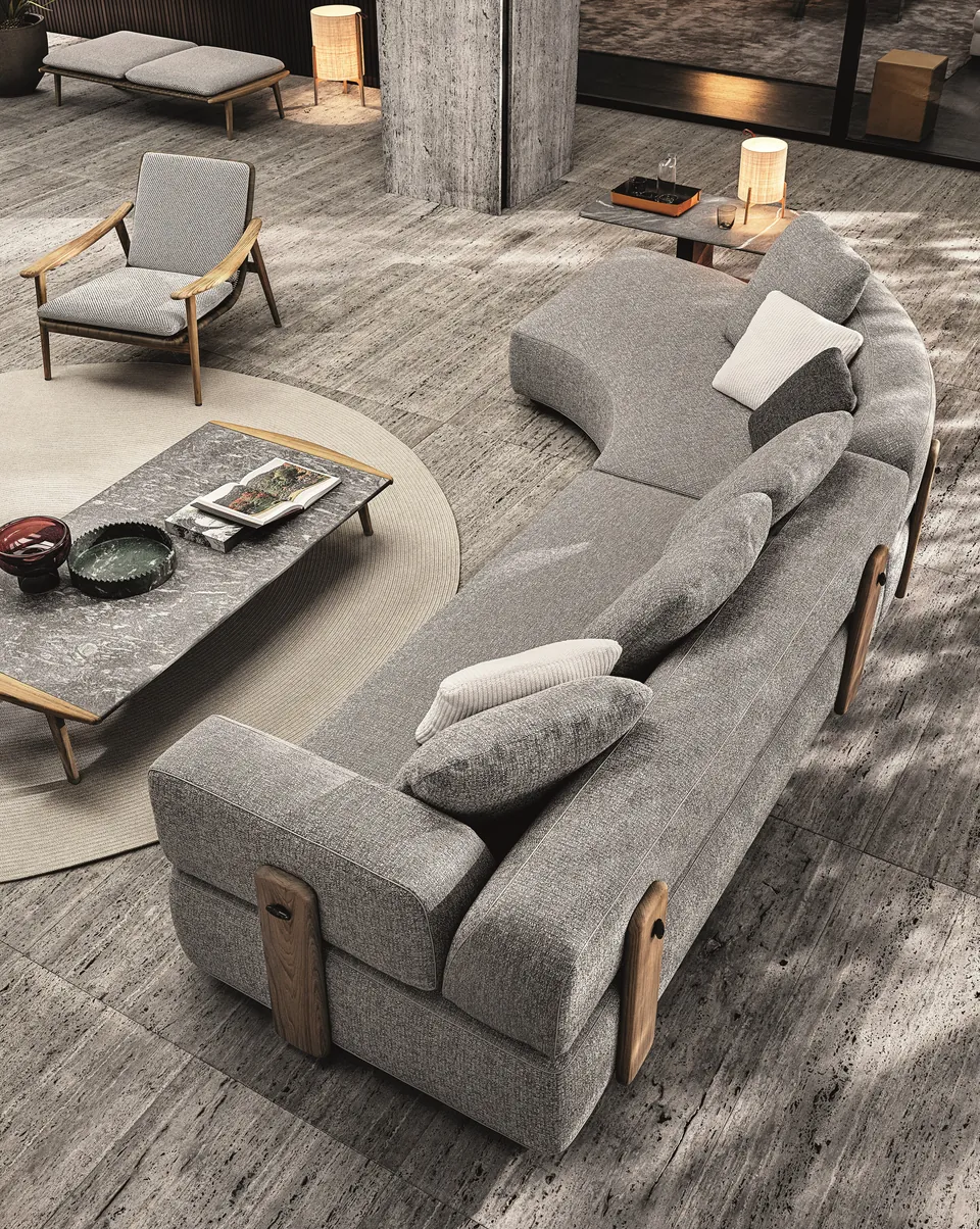 Minotti Florida coffee table with teak feet and stone top, catalog photograph