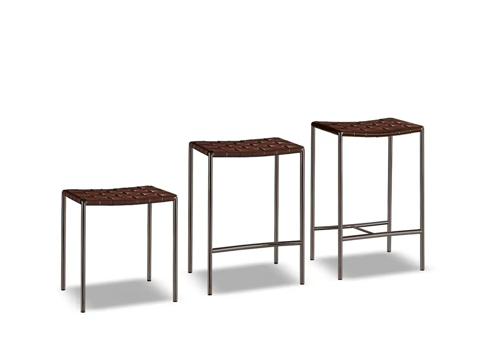 Minotti Klasen outdoor bench with woven saddle-hide seat, catalog photograph