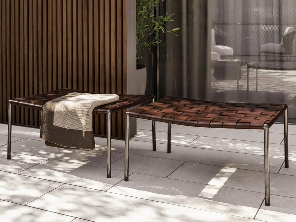 Minotti Klasen outdoor stools with leather straps at a terrace bar, Minotti outdoor furniture