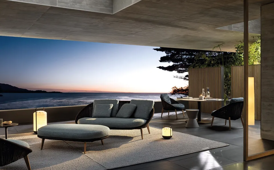 Minotti Lido Cord armchair with cord-wrapped back, catalog photograph