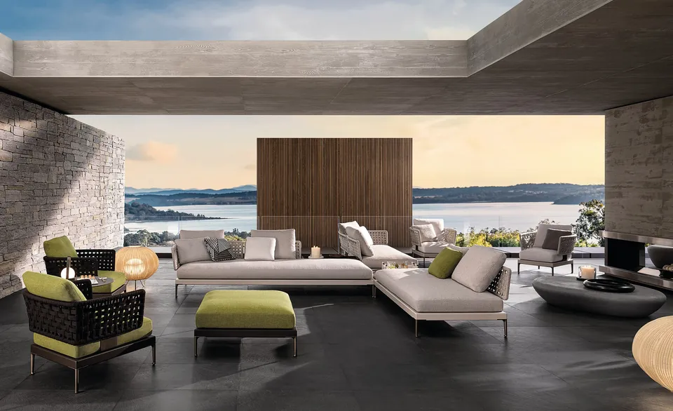 Minotti Patio modular outdoor sofa with cord backs on a terrace, Minotti outdoor furniture