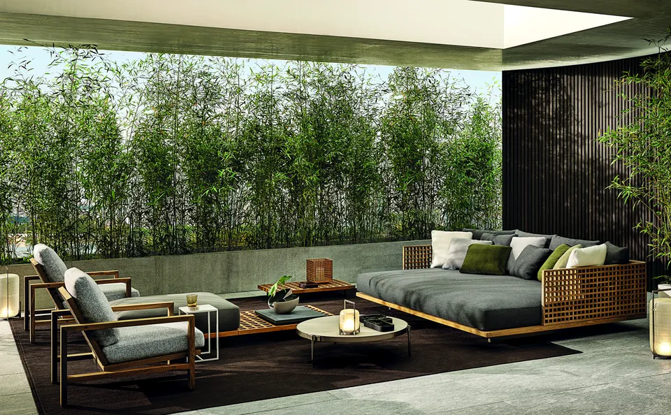 Minotti Quadrado armchair with teak duckboard back, catalog photograph