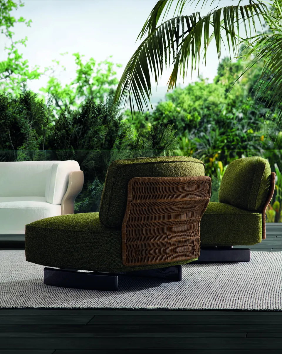Minotti Saki Cord Outdoor armchair with woven cord panels, catalog photograph