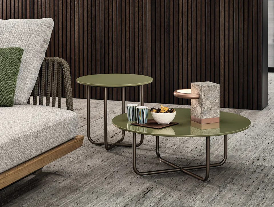 Minotti Sunray modular sofa with teak sled base, catalog photograph